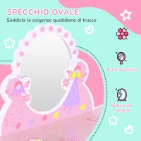 Toeletta per Bambini con Sgabello in Legno, Tavolo Trucco con Specchio Moderno e Cassetto, 59L x 39P x 77A cm, Rosa