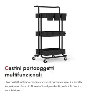 Carrello Cucina Multiuso a 3 Livelli con Cestini e Ganci Rimovibili, Ripiano con 12 Divisori, Nero