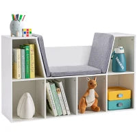2 in 1 Scaffale per Bambini Scaffale + Sgabello con Cuscino 103 cm x 30 cm x 62 cm Bianco + Grigio