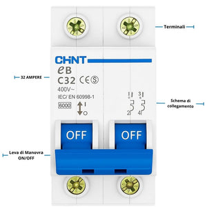 Chint interruttori magnetotermici 1p+n curva c 4,5ka serie eb 2 moduli *** ampere 32 ampere, confezione 1