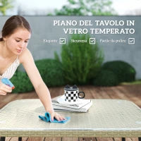 Salotto da Giardino in Rattan 2 Divanetti e Poltrona Angolare con Cuscini, Tavolino in Vetro, Colore Legno