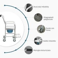 Sedia Comoda con Ruote per Anziani 3 in 1, Sedia per WC in Alluminio con Secchio Rimovibile, Bianco