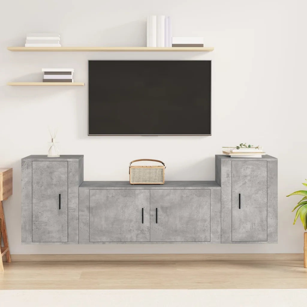 Set di Mobili Porta TV 3 pz-Set di 3 Credenza per TV Grigio Cemento in Legno Multistrato 932834