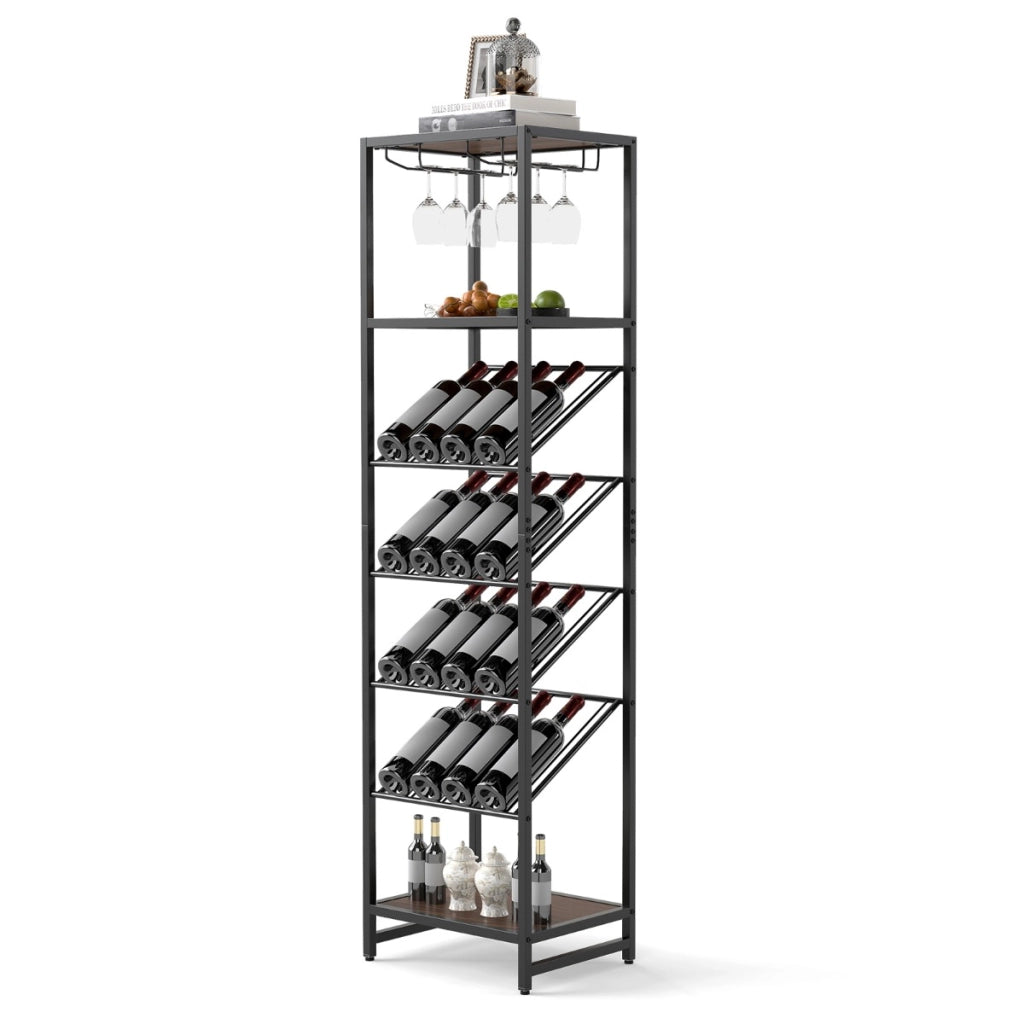 Supporto per liquori con portabicchieri design anti-ribaltamento, Portabottiglie da vino indipendente a 7 livelli Nero-Portabottiglie