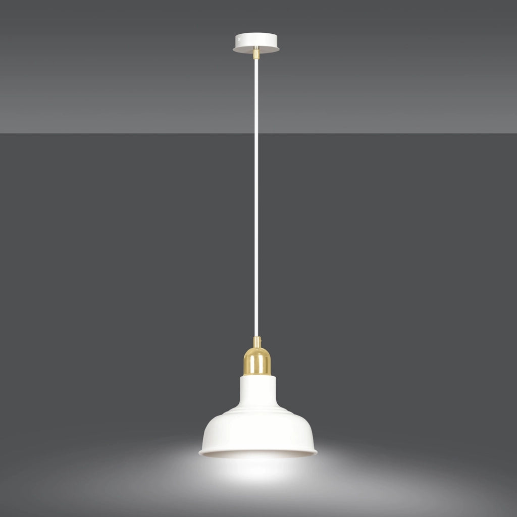 Sospensione Industrial 1 Luce Kubera In Acciaio Bianco Con Elementi In Oro