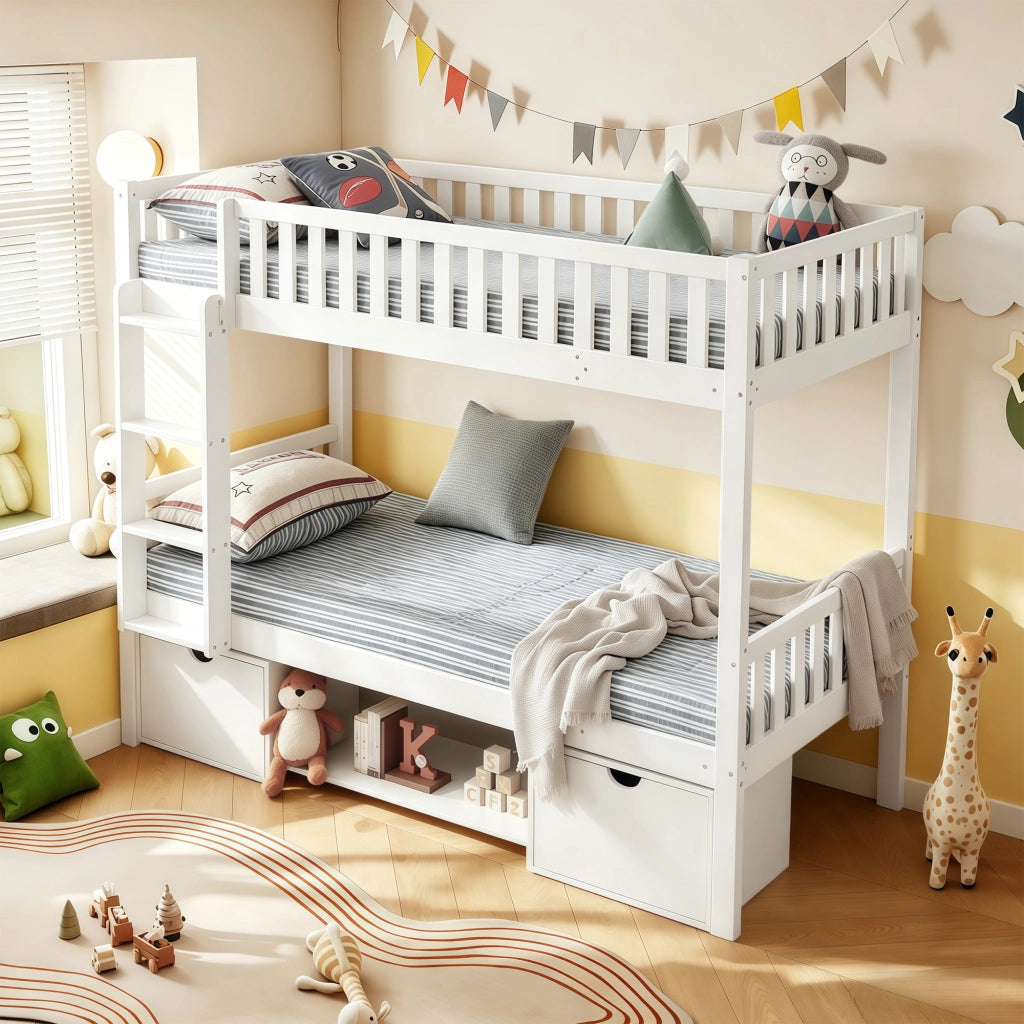 LETTO a castello convertibile 90x200 cm in legno bianco con scala e cassetti