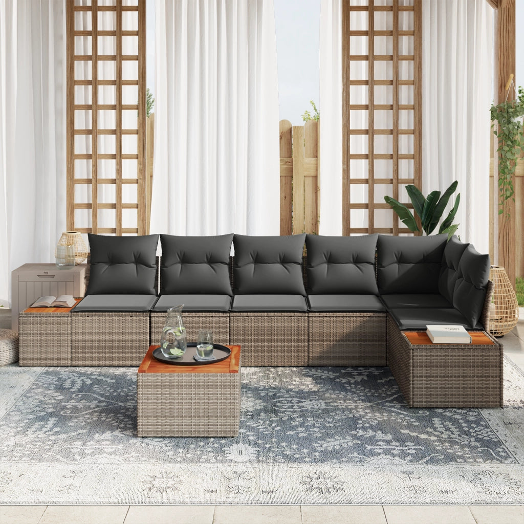 Set di Divani da Giardino 7 Pezzi con Cuscini Grigio Polyrattan Acacia