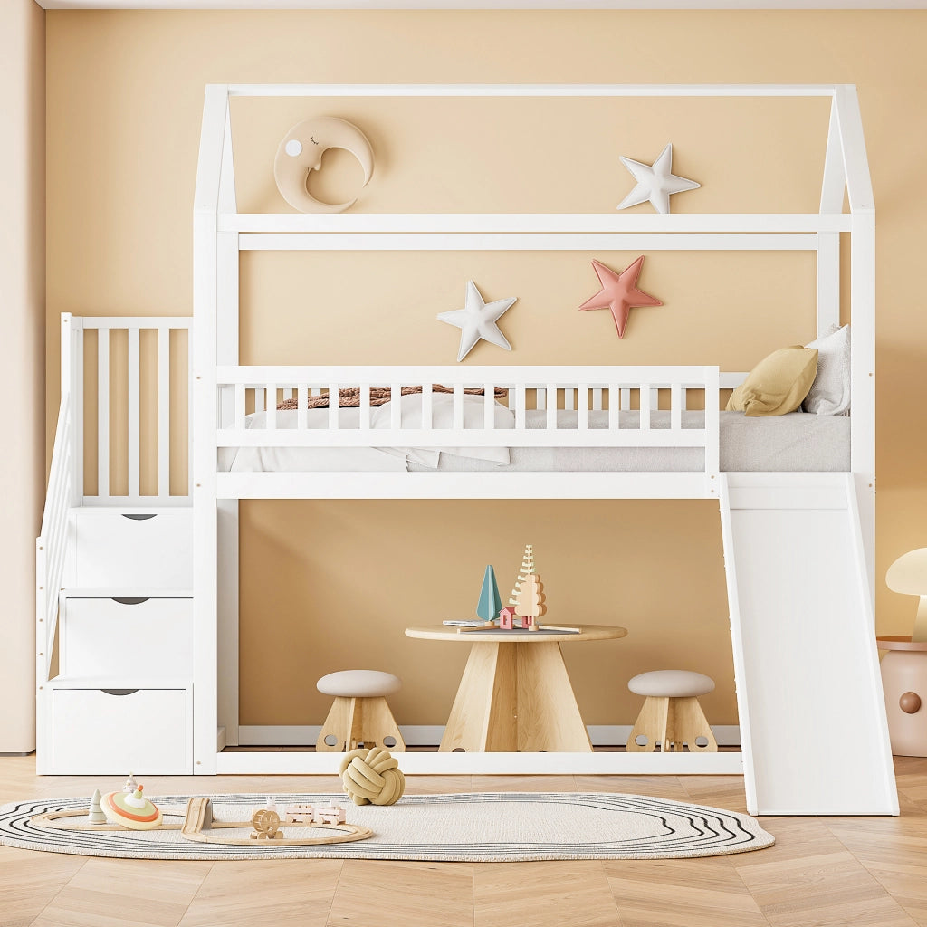 OKWISH Letto a Soppalco 90×200 cm, Letto Singolo con Scivolo, Scala Contenitore e Sponde Alte, senza Materasso, Bianco