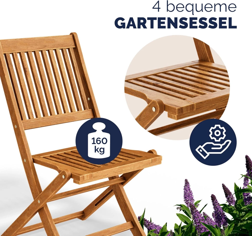 ® Set di Mobili da Giardino 5 Pezzi Modello 2026 - NOVITÀ: Tavolo Extra Stabile con Rinforzo in Legno di Acacia FSC®, 4 Sedie Pieghevoli per Giardino Balcone Esterno