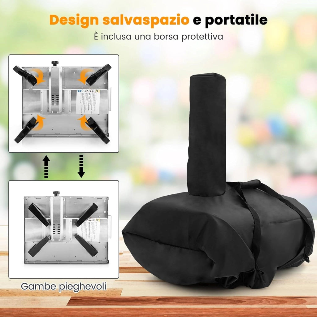 Forno per Pizza Portatile, Forno da Esterno con Pietra per Pizza Rotante a 360°, in Acciaio Inossidabile a 3 Strati con Termometro e Borsa da Trasporto, Nero e Argento