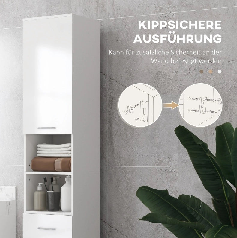 Colonna bagno salvaspazio con anta, cassetto e ripiani bianchi