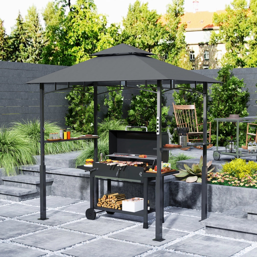 Pavillon per barbecue in metallo 243 x 148 x 248 cm con doppio tetto, LED magnetico e ripiani laterali
