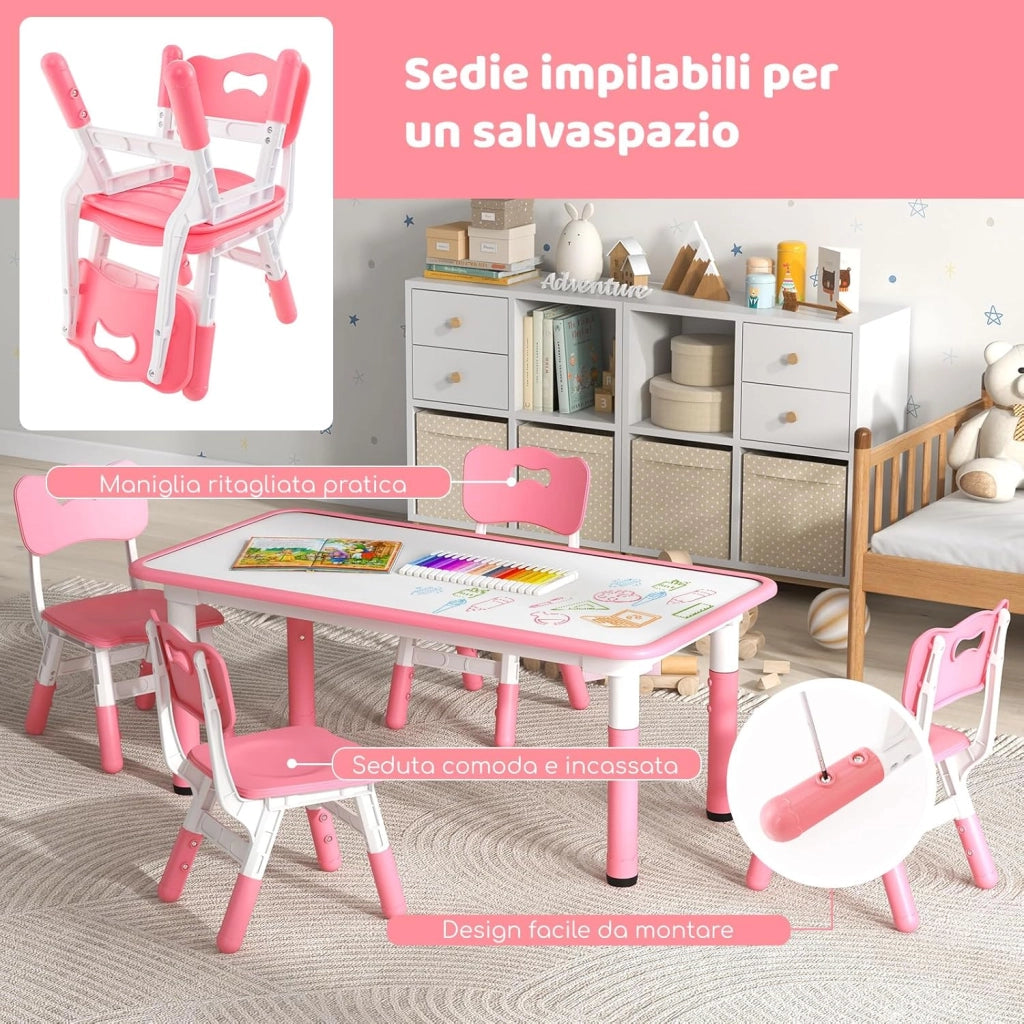 Set Tavolo e 4 Seide per Bambini, Scrivania Regolabile in Altezza con Piano Graffiti, Gambe Antiscivolo, Mobile Multifuzione con 4 Posti per Cameretta, Asilo e Scuola (Rosa)