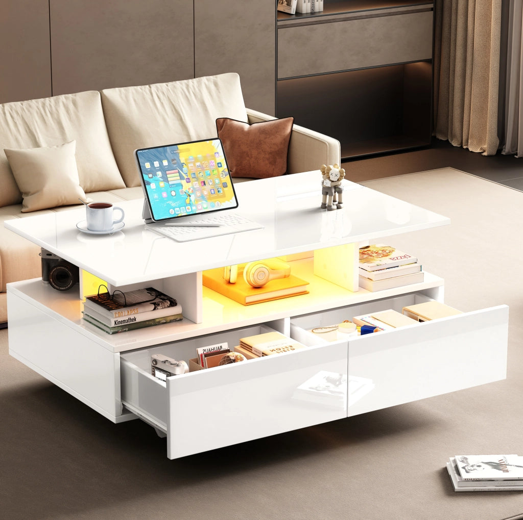 Tavolino da salotto moderno lucido con LED; 2 cassetti; 90x55x41 cm; bianco