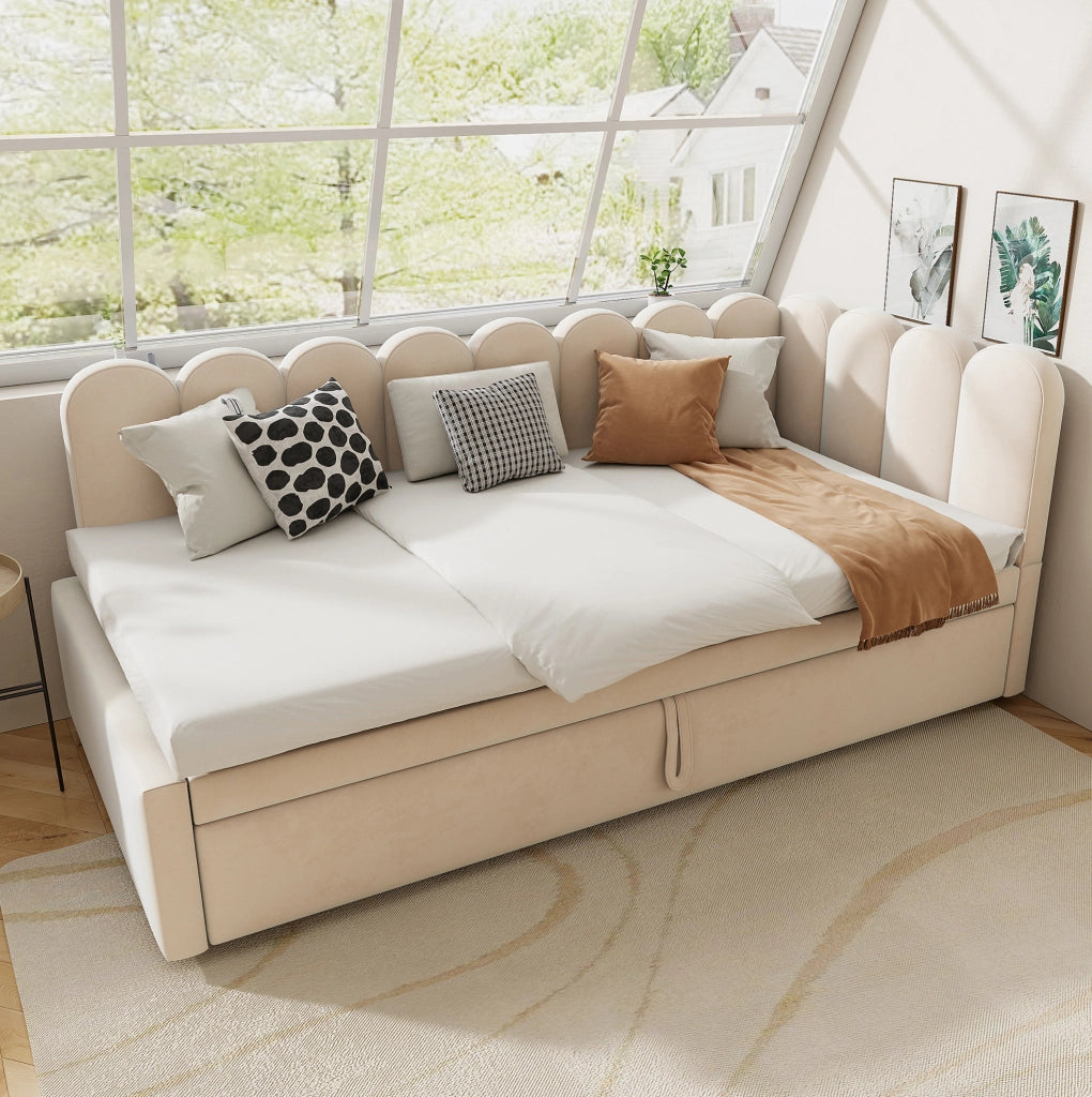 Divano letto 90x200 cm; estraibile a L in velluto; beige