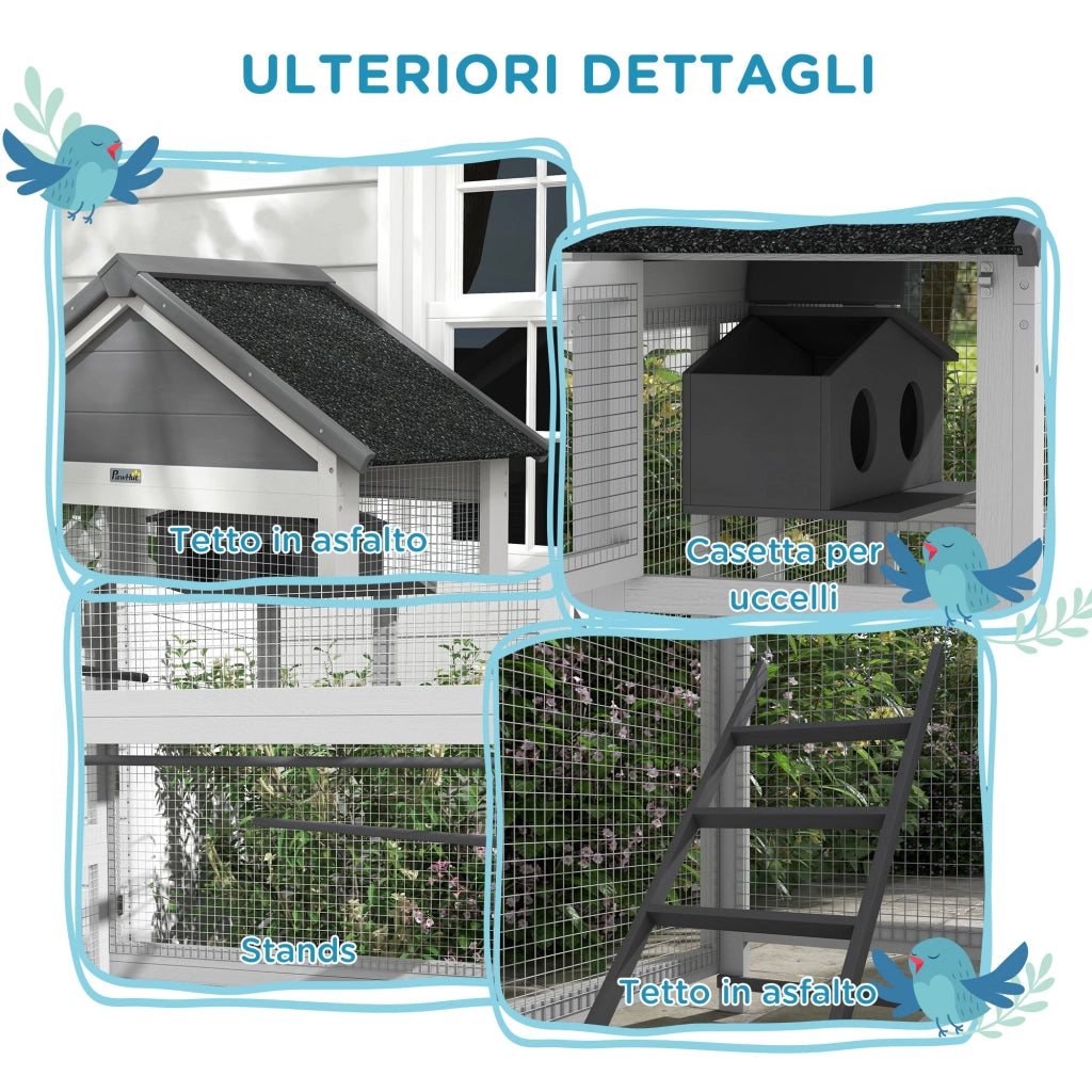Voliera per Uccellini a 3 Porte con Casetta e Vassoio. in Legno e Metallo. 92x52x171 cm. Grigia e Nera
