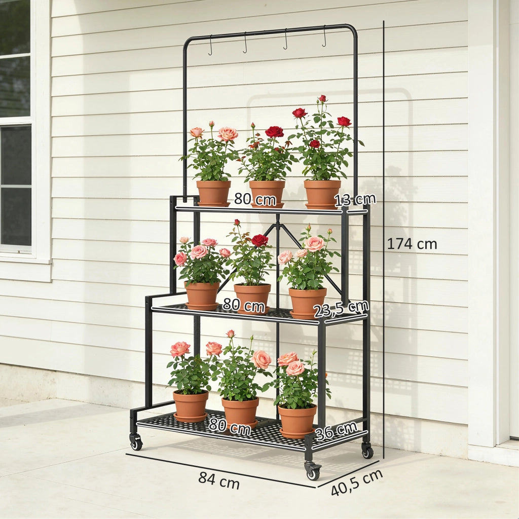 Supporto Piante a 3 Livelli Pieghevole con Ruote e 4 Ganci ¨C Zephmum ¨C Nero, Metallo, 84x40.5x174cm