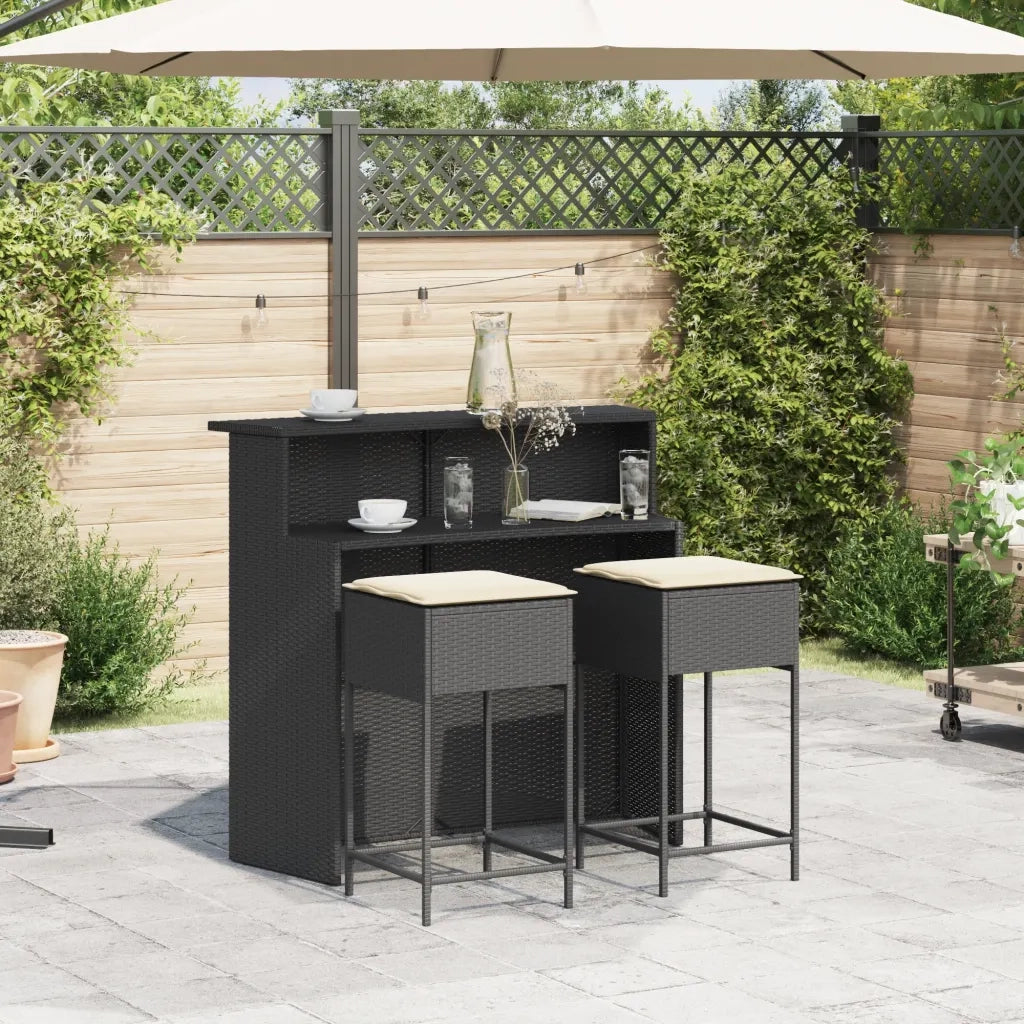 Set Bar da Giardino 3 pz | Set Salotto da Giardino con Cuscini in Polyrattan Nero