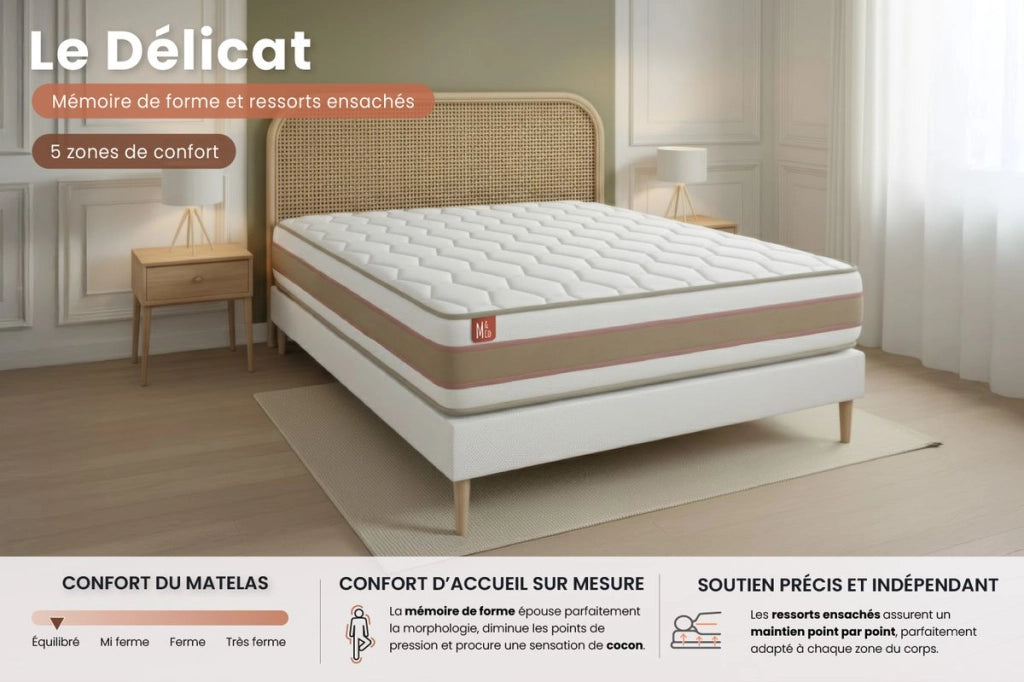 Pacchetto letto completo - Materasso 160x200cm + Box spring con doghe (kit) + 2 cuscini + Piumino - Le Délicat