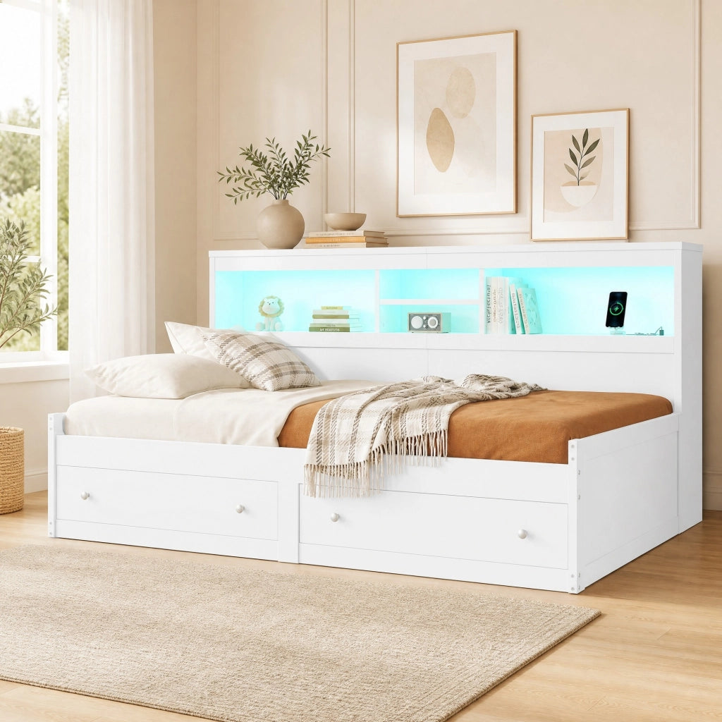 Letto da giorno 90x200 cm con LED, USB, prese e cassetti