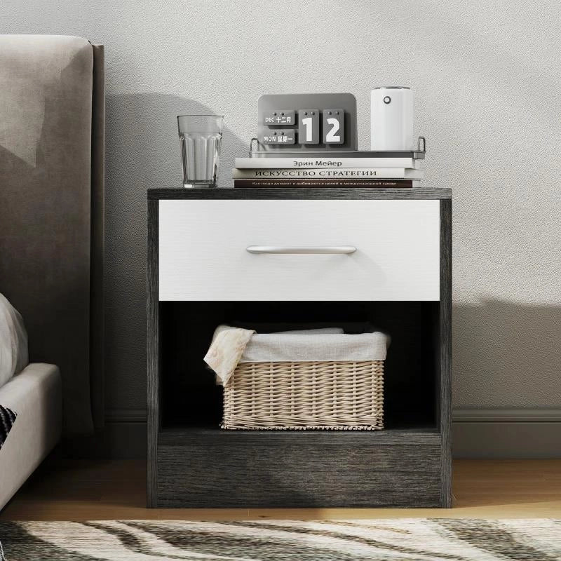 SET 2 COMODINI MODERNI CON RIPIANO APERTO E CASSETTO, IN LEGNO, 39X28X41 CM, BIANCO E GRIGIO SCURO