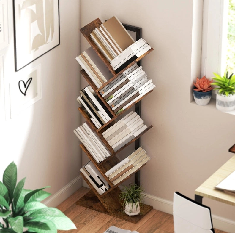 Libreria 50x24x136 cm a forma di albero con 9 ripiani in legno marrone rustico
