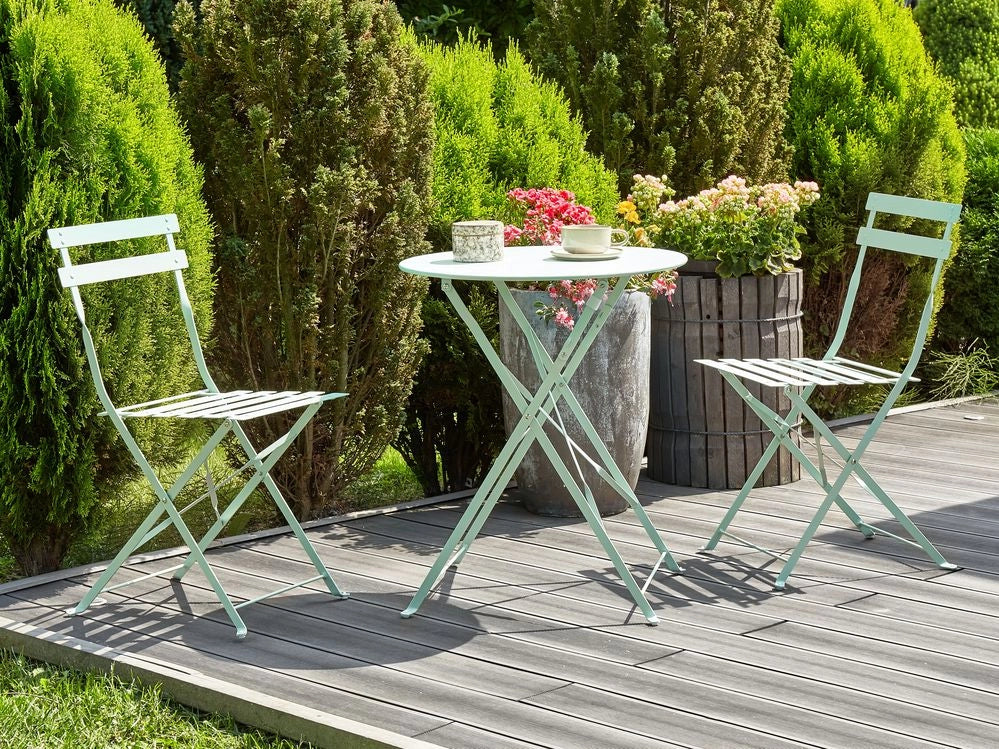 Set da bistrot da 3 pezzi in metallo verde menta con schienale a doghe pieghevole all'aperto