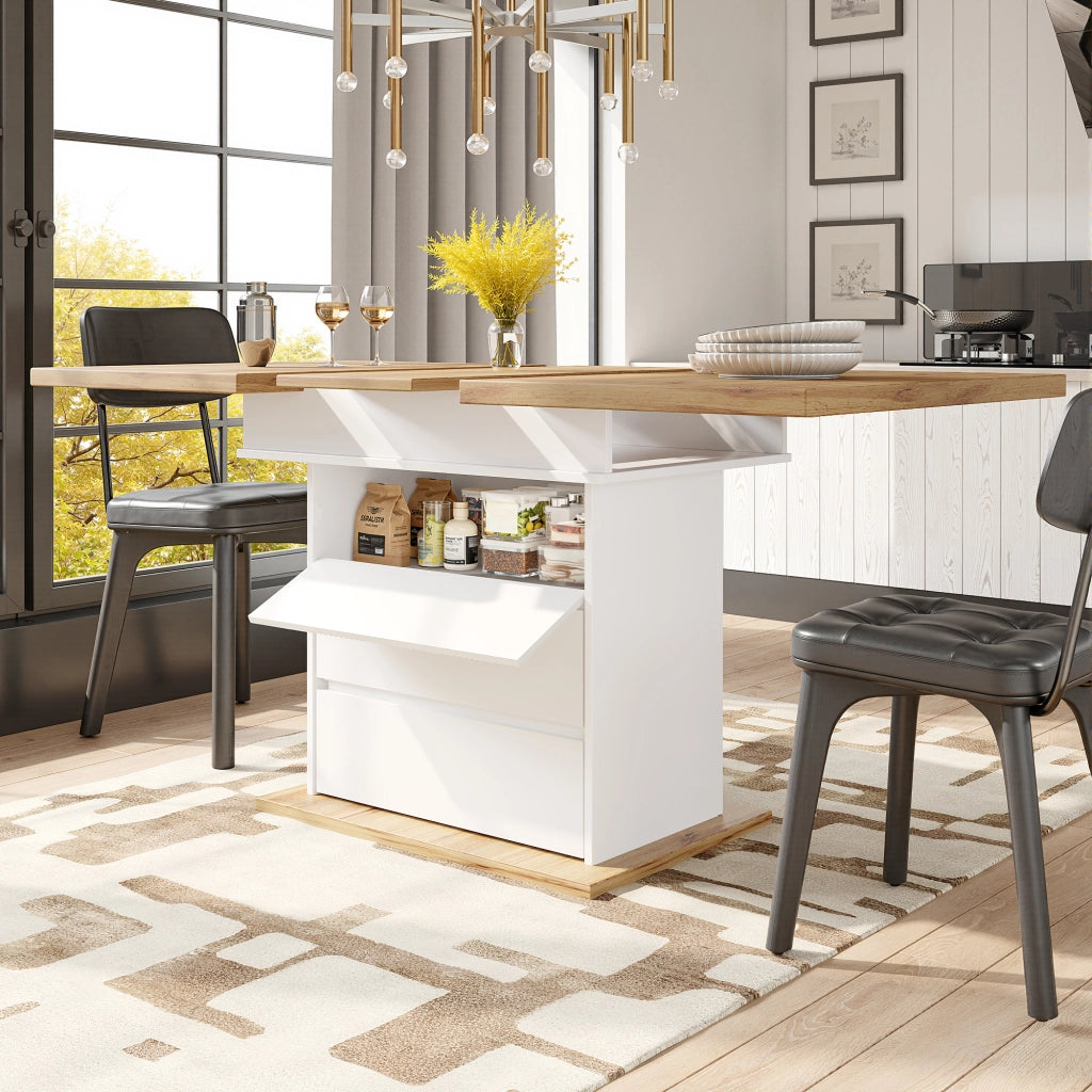 Tavolo da pranzo allungabile in MDF con vano contenitore e chiusura ammortizzata, per cucina e soggiorno, bianco