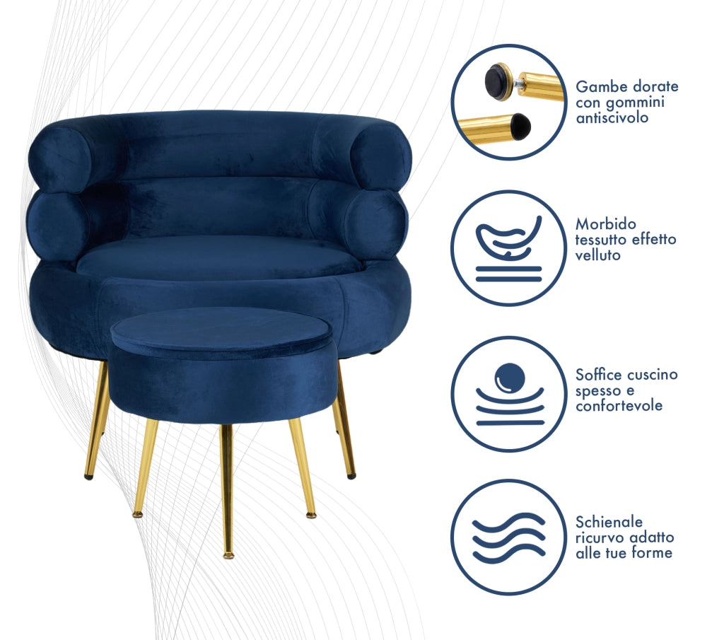 Poltrona Camera da Letto e Salotto in Velluto con Poggiapiedi Contenitore - Poltroncina Relax Moderna con Gambe in Metallo Placcato Oro - Design Moderno, Seduta Morbida con Cuscino - Sedia in Velluto - Blu