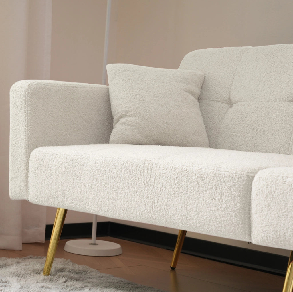 Divano letto bianco regolabile con gambe dorate e tasche laterali