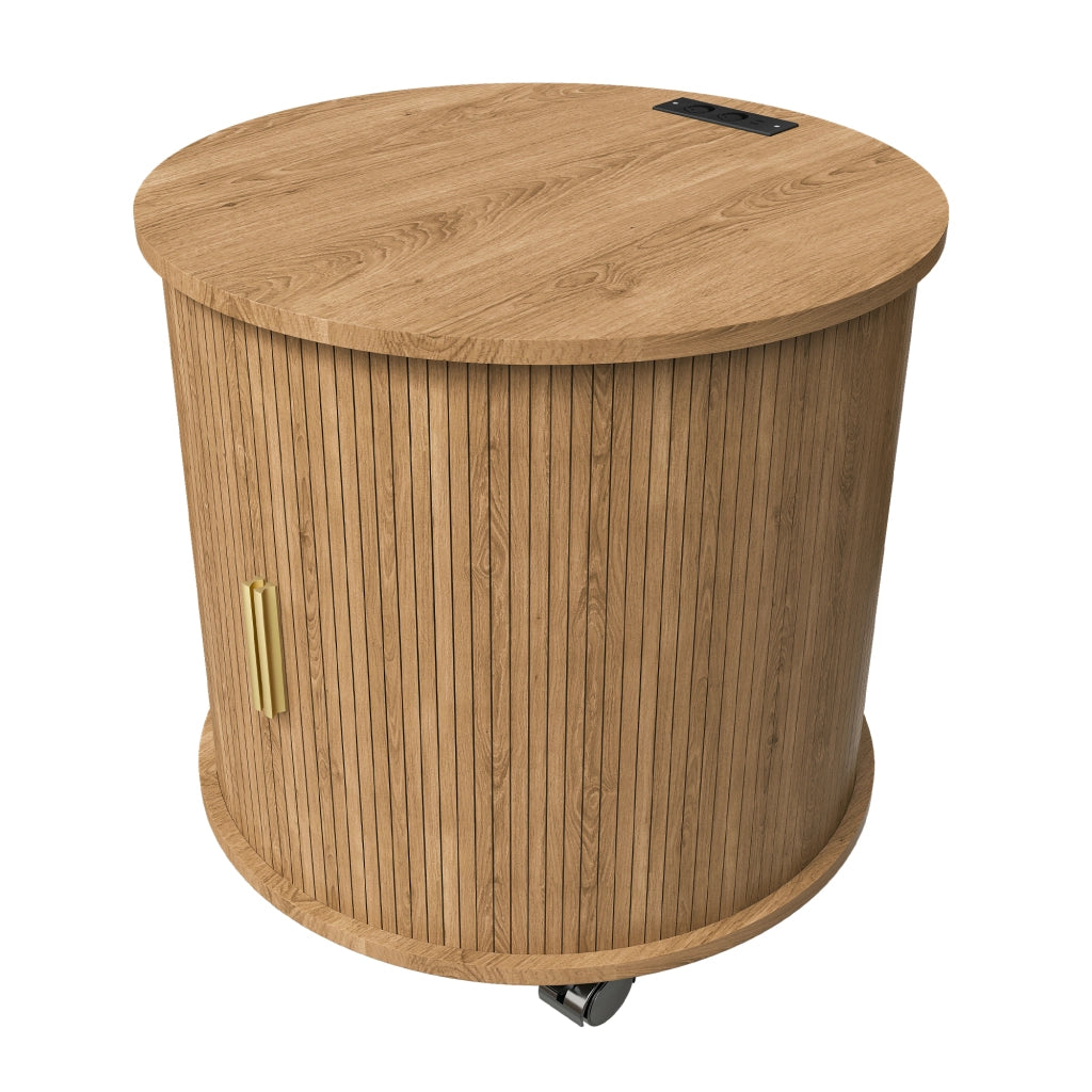 Comodino cilindrico con porta scorrevole; presa e 2 porte USB; per camera da letto; in MDF; rovere; 60×60×60 cm