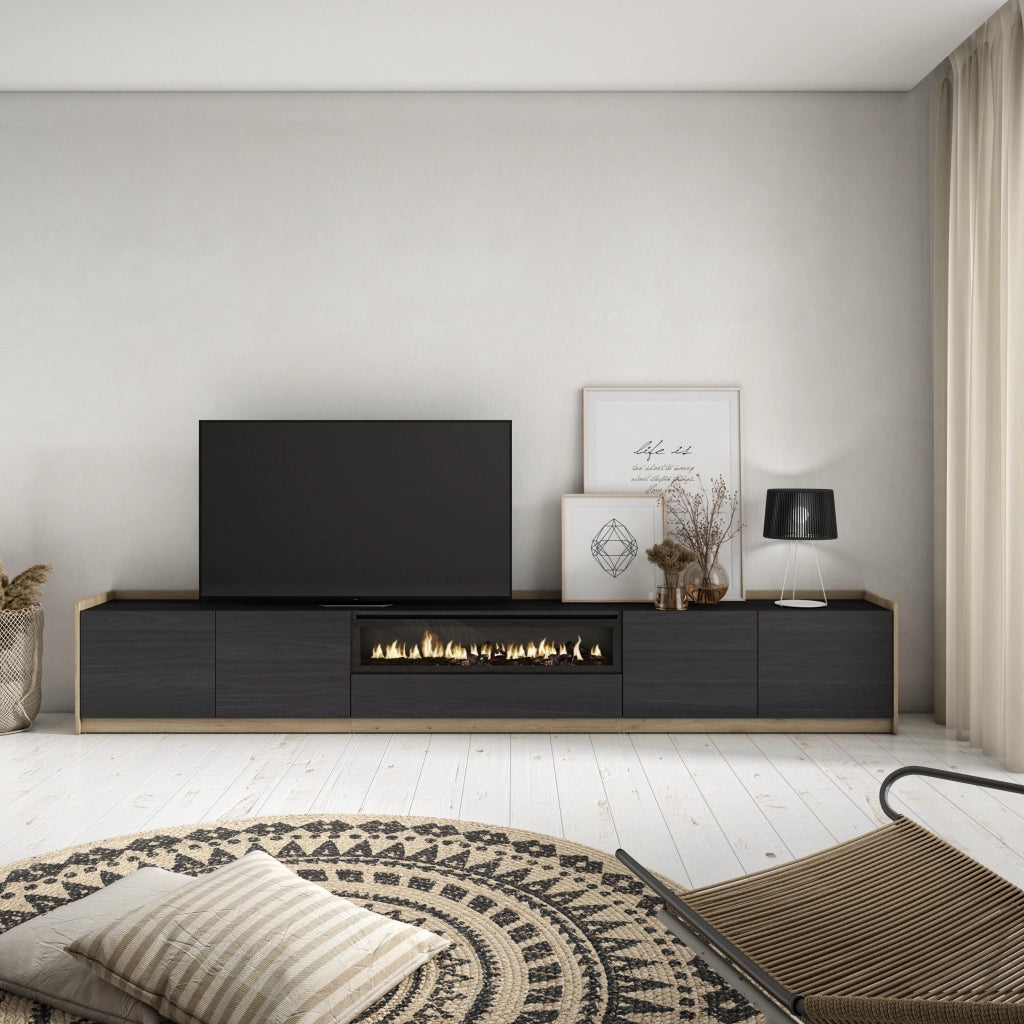 Mobile TV Soggiorno, 310x50x37 cm, Per TV fino a 80", Camino elettrico, Nero e rovere