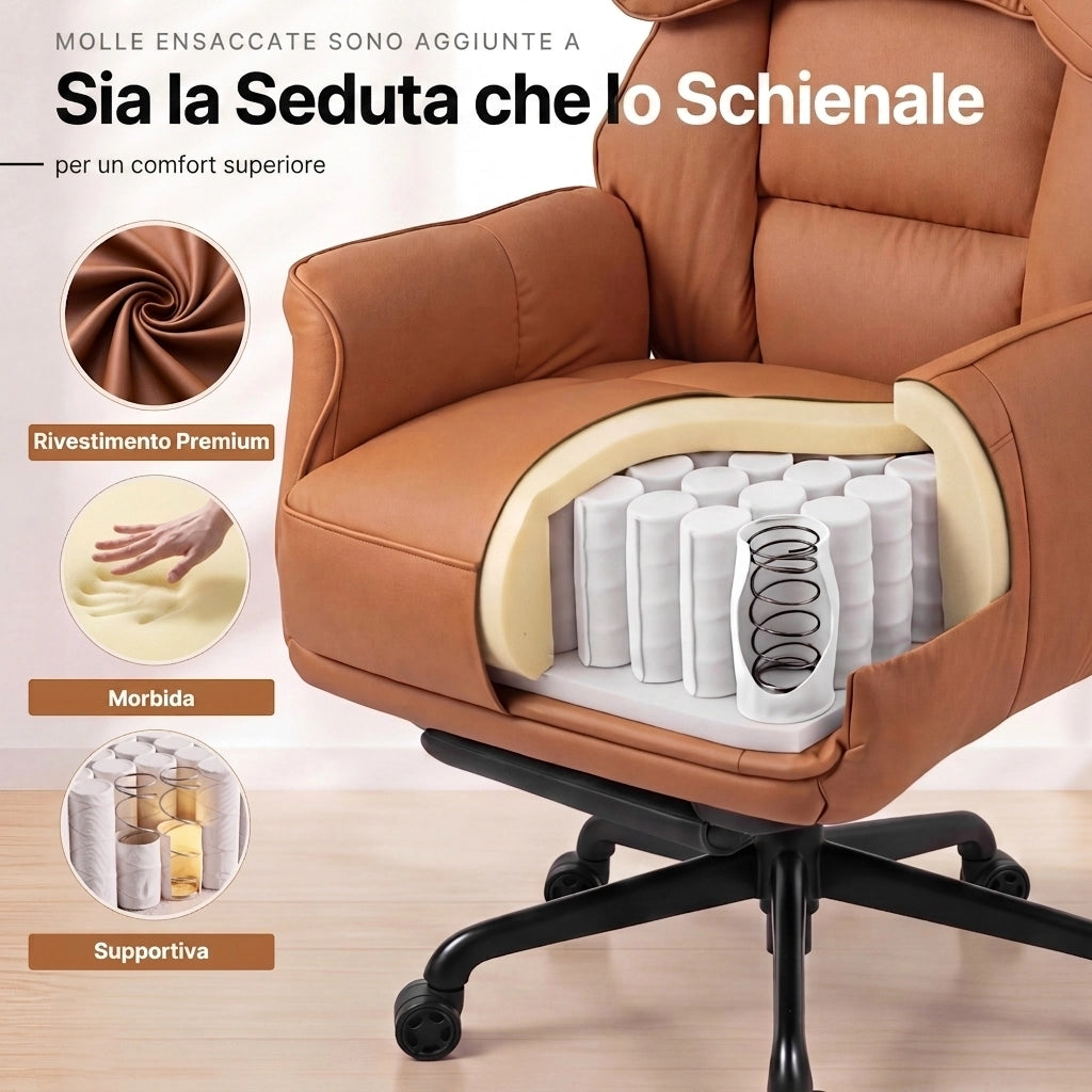 Sedia da ufficio ergonomica - Con corrimano e poggiapiedi - Con braccioli regolabili - Schienale regolabile - Marrone
