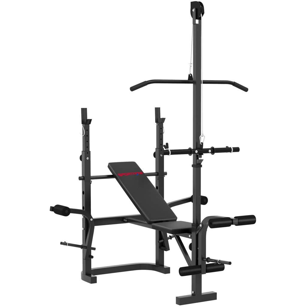 Panca Palestra Multifunzione Regolabile con Rack Bilanciere con Leg Extension, Low Row, Arm Curl, Nero