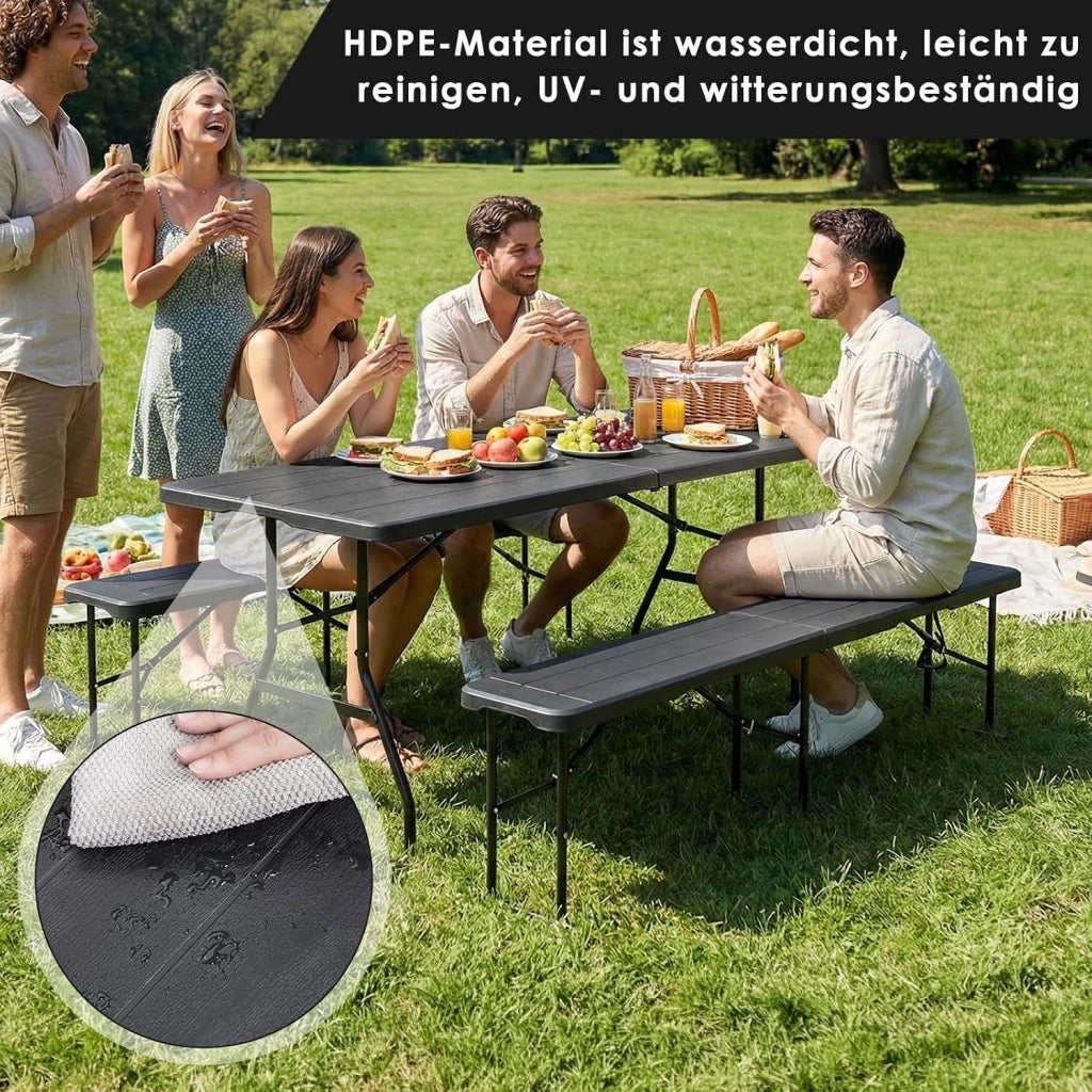 Set Tenda da Birra da 3 Pezzi 180cm, 1 Tavolo e 2 Panche Pieghevoli, Set di Mobili da Giardino in Plastica HDPE, Set Birreria con Manico di Trasporto, per Campeggio Picnic Esterno, Ottica in Legno
