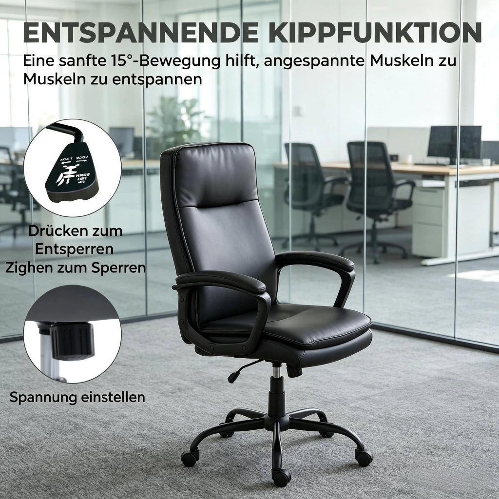 Sedia da ufficio ergonomica con schienale curvo, seduta doppio strato e base metallica, in PU nero