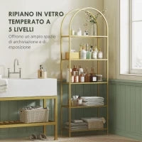 Scaffale Portaoggetti ad Arco a 5 Ripiani in Acciaio e Vetro Temperato, 60x30x175 cm, Oro