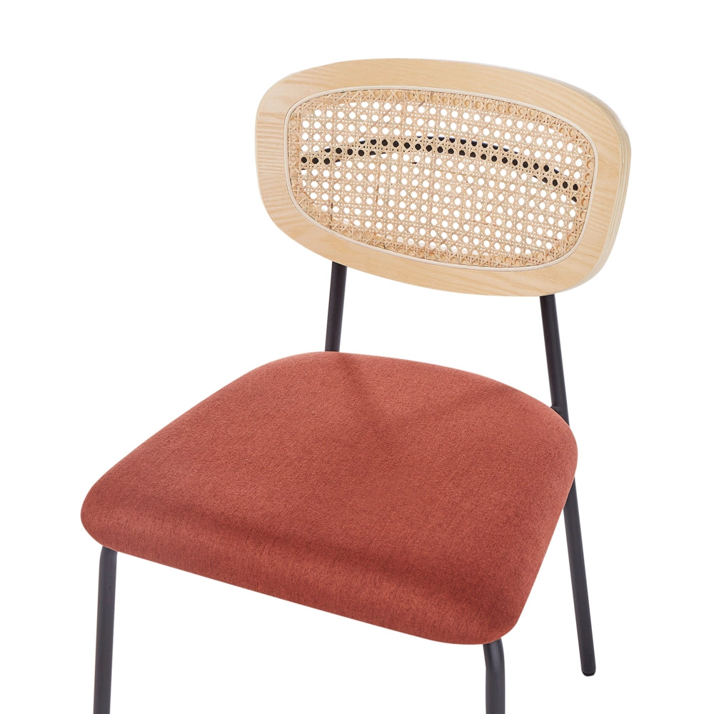 Set di 2 sedie da pranzo Rivestimento in poliestere arancione Schienale in rattan naturale a treccia viennese Gambe in metallo nero Sgabelli senza braccioli