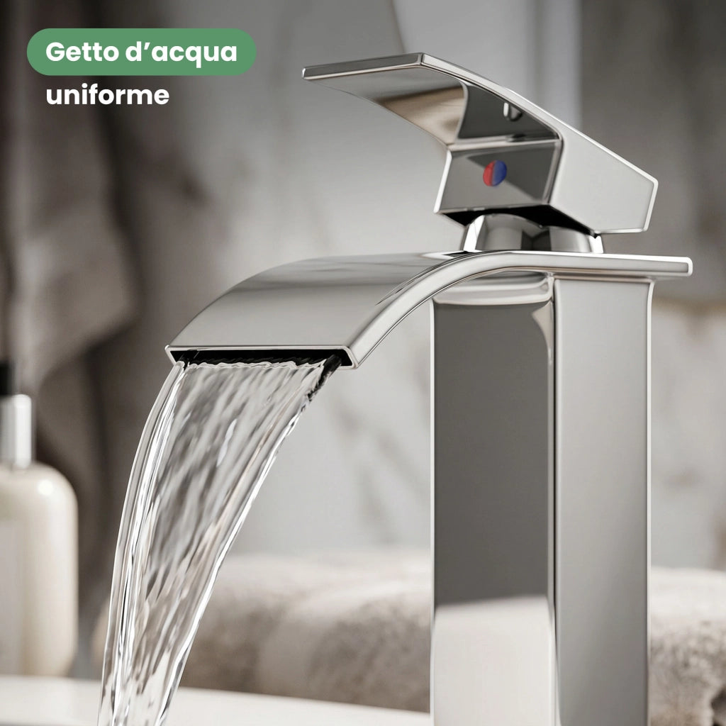 Rubinetto lavabo alto a cascata cromato da appoggio miscelatore bagno EVIO