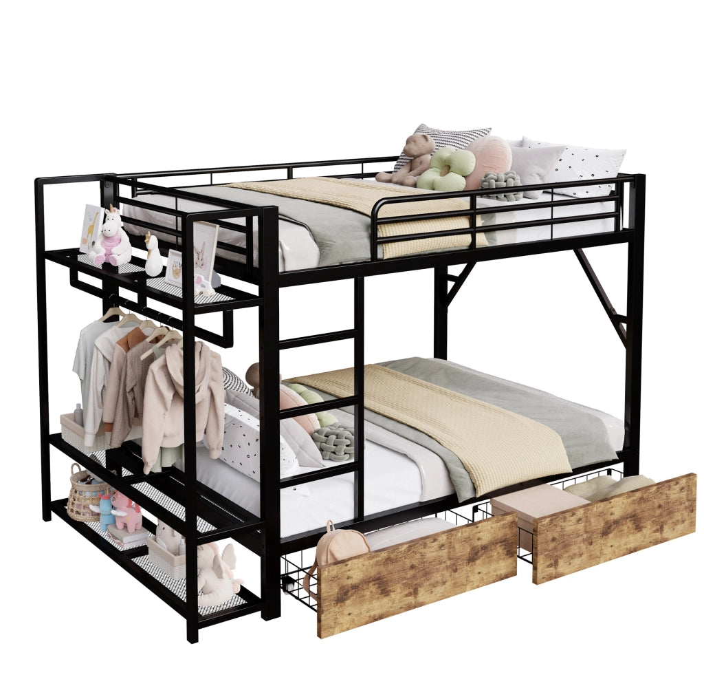 Letto a castello 140x200 cm in metallo e MDF con LED; 2 cassetti e ripiani; nero