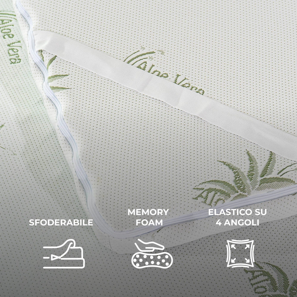 Topper Memory Foam 5 Zone 5 cm Rivestimento Aloe Vera Sfoderabile e Lavabile, Effetto Rinfrescante, 4 Elastici Angolari, Made in Italy Migliora Circolazione e Comfort del Sonno Singolo