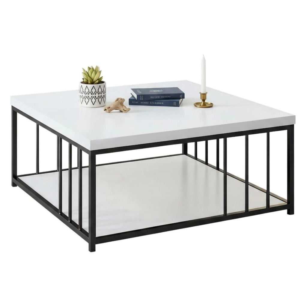 Tavolino da salotto Raiden, Tavolo basso da caffè, Portariviste per divano, Ripiano da soggiorno, 90x90h40 cm, Bianco e Nero