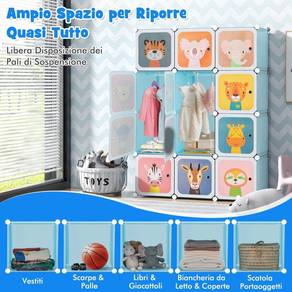 Guardaroba Portatile per Bambini, Armadio Portatile con 12 Cubi, Organizzatore Modulari per Camera dei Bambini Soggiorno, 109 x 35 x 145 cm (Blu)