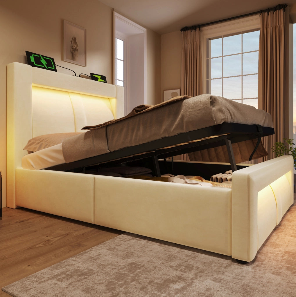 Letto contenitore 90x200 cm con LED; porte USB e USB C; velluto beige; senza materasso