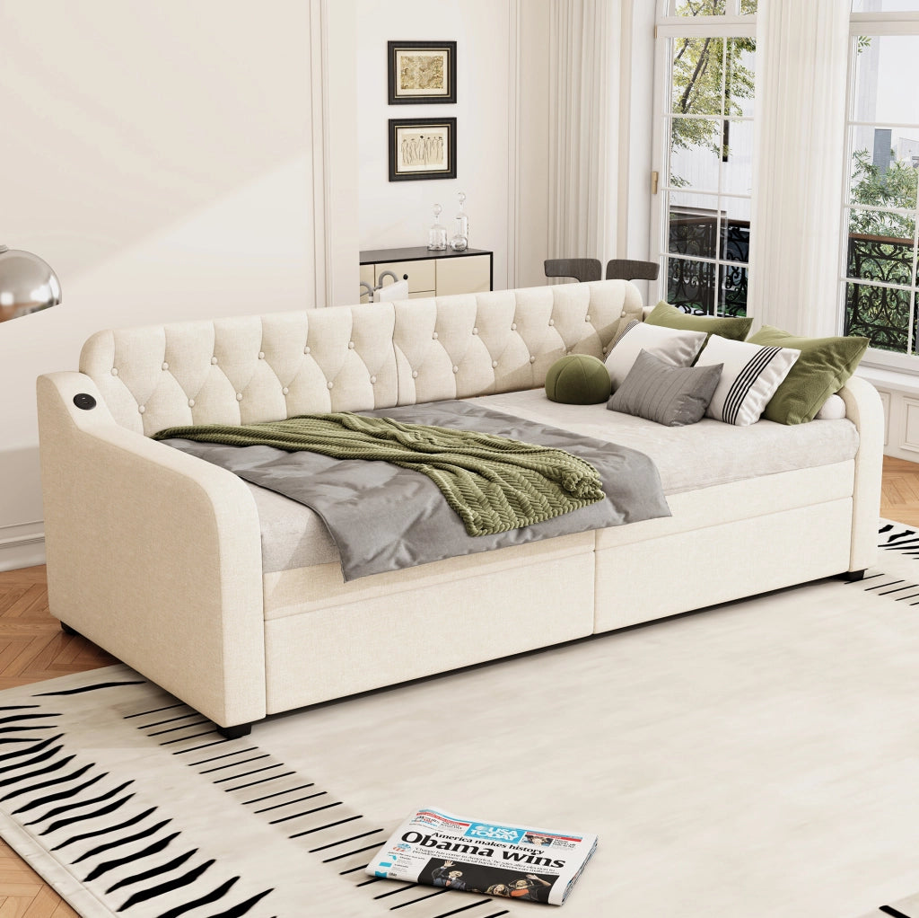 Divanoletto 90x200 cm con letto estraibile e presa USB, tessuto beige