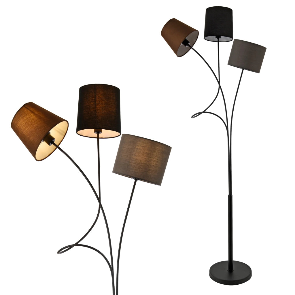 Lampada da terra con 3 attacchi in metallo e tessuto altezza 146 cm 3 paralumi marrone nero e grigio struttura nera 03_0002452