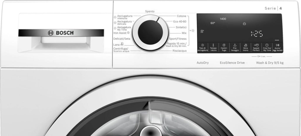 Bosch Serie 4 WNA144V0IT Lavasciuga a libera installazione 9+5 Kg 1400 giri Classe B-E Vapore Iron Assist Motore Inverter EcoSilence Condensatore autopulente Bianco