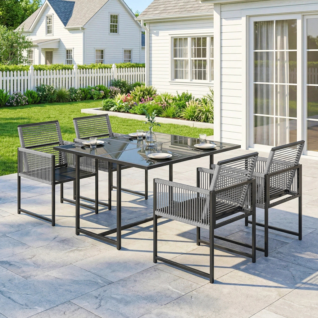 Set Giardino 5 Pezzi con Tavolo Vetro e 4 Sedie Pieghevoli ¨C zephmum ¨C Grigio
