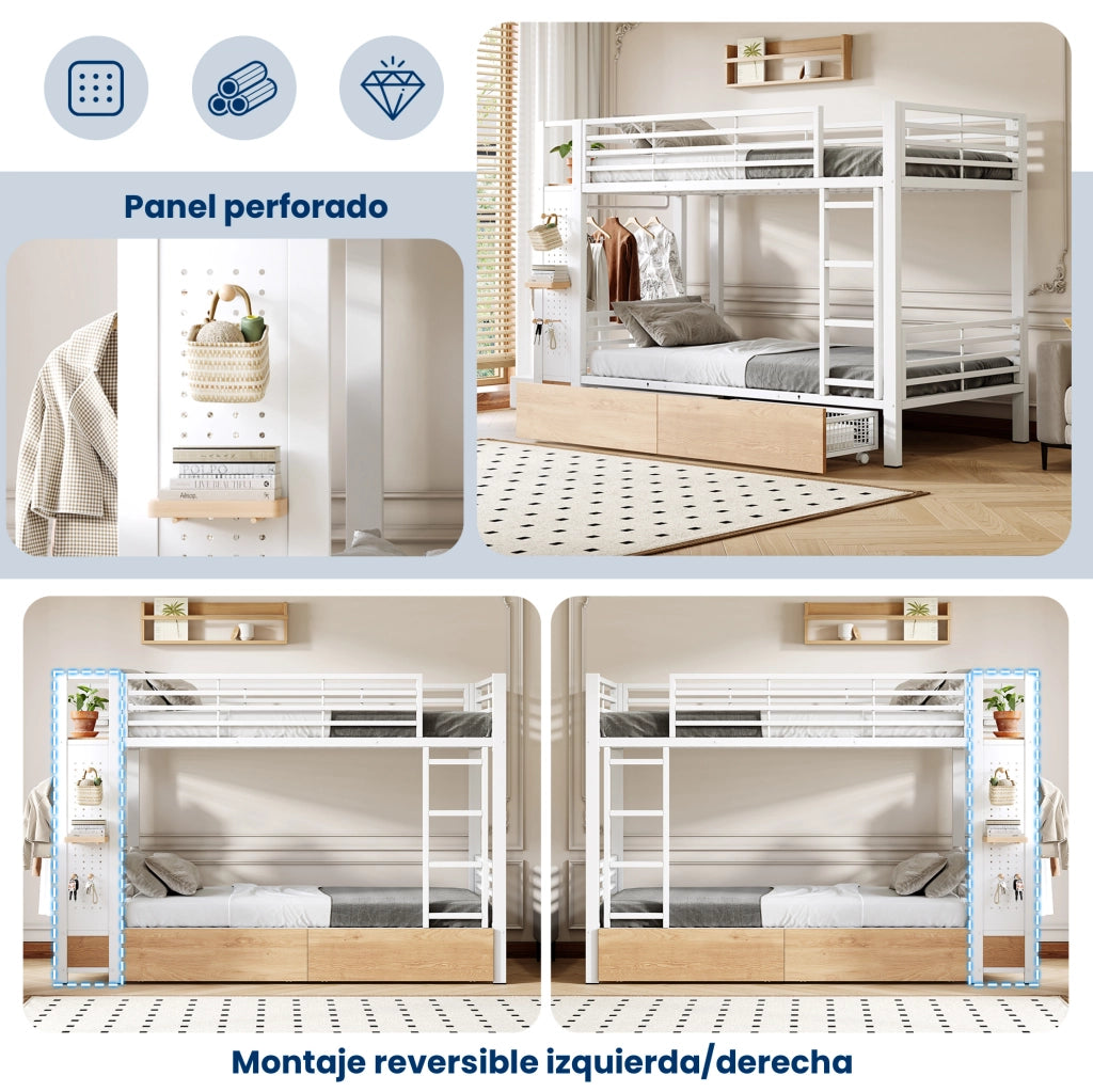 Letto a castello 90x200 cm in MDF e metallo; bianco; con LED e 2 cassetti
