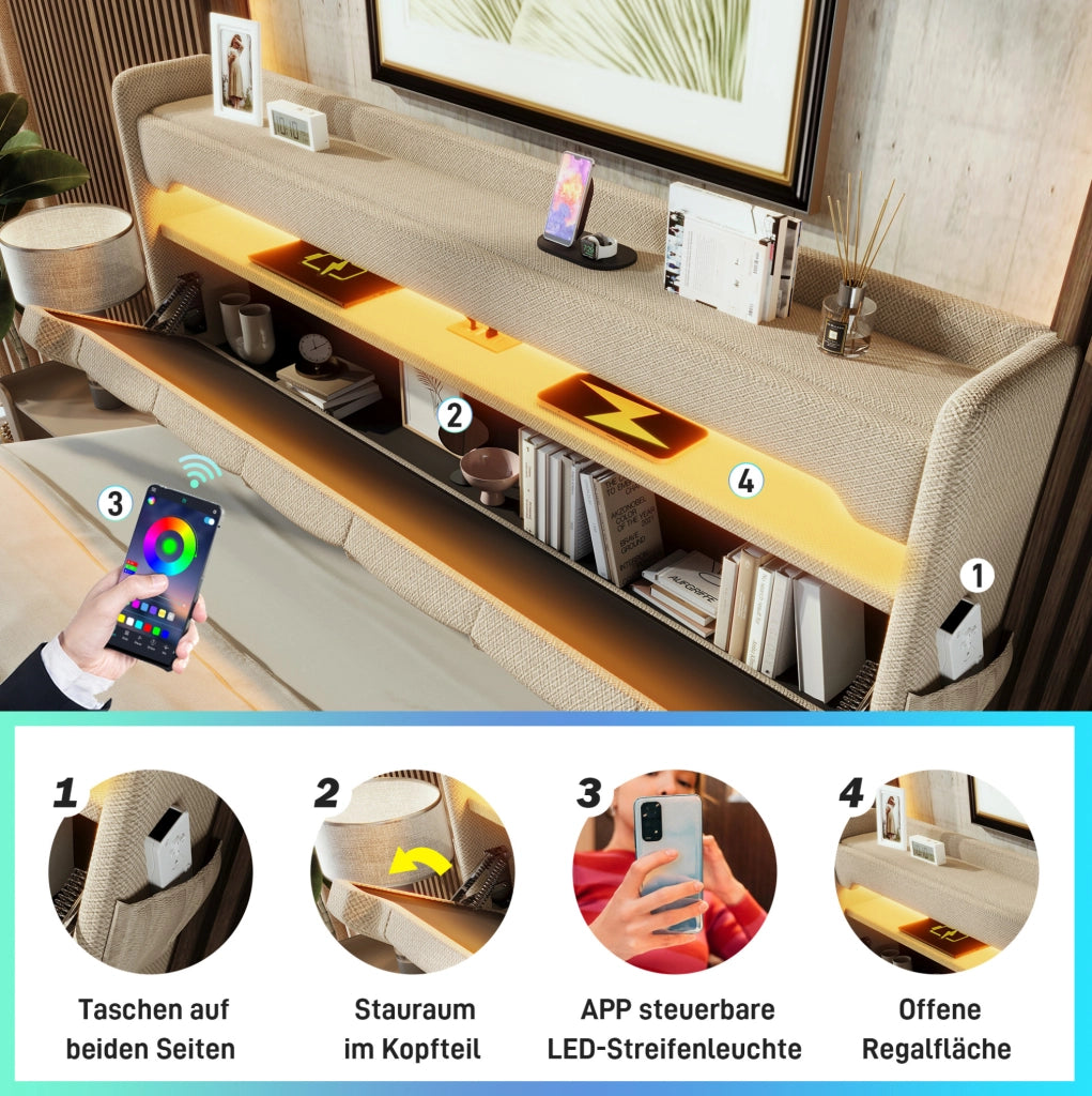 Letto singolo 90x200 beige con LED, USB-C e materasso